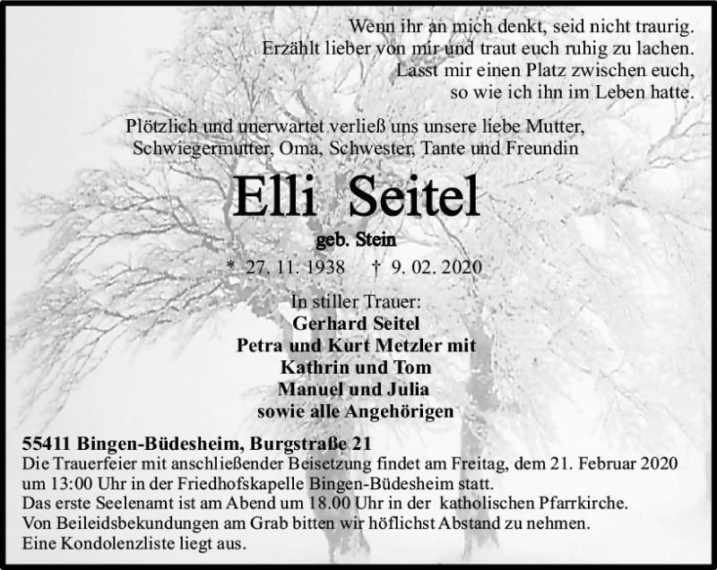  Traueranzeige für Elli Seitel vom 15.02.2020 aus vrm-trauer