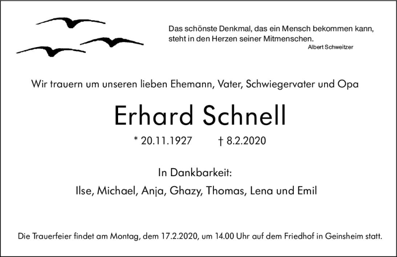  Traueranzeige für Erhard Schnell vom 12.02.2020 aus vrm-trauer
