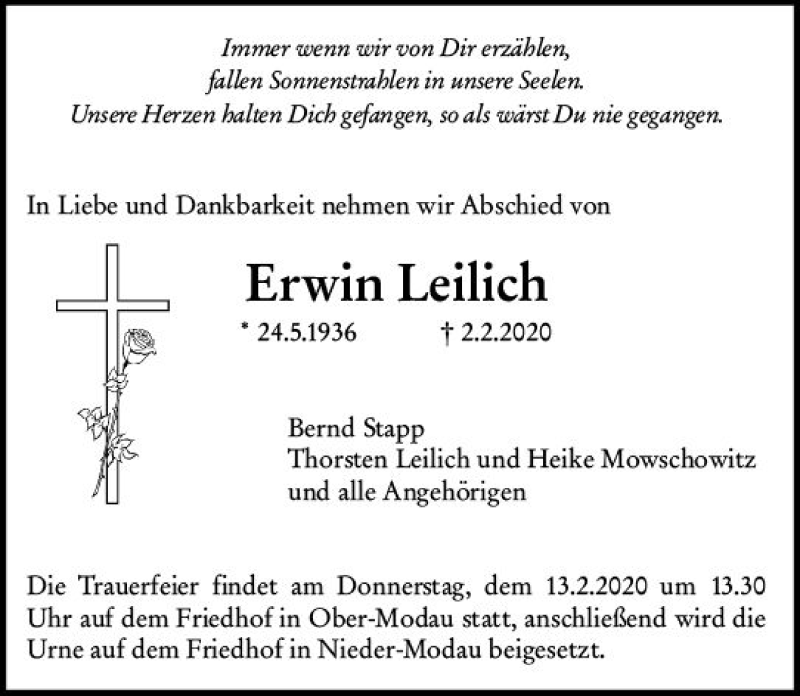 Traueranzeige für Erwin Leilich vom 08.02.2020 aus vrm-trauer