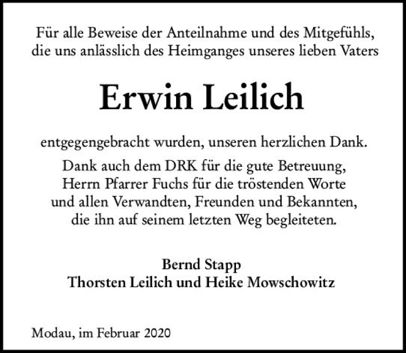  Traueranzeige für Erwin Leilich vom 29.02.2020 aus vrm-trauer