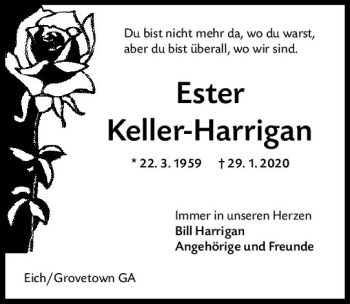 Traueranzeige von Ester Keller-Harrigan von vrm-trauer