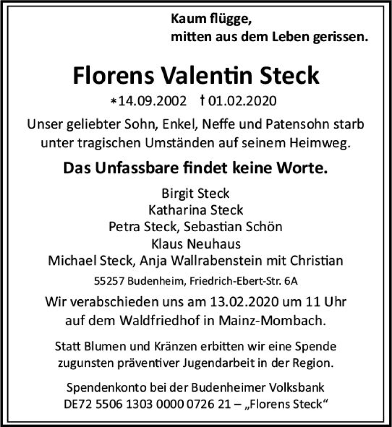  Traueranzeige für Florens Valentin Steck vom 08.02.2020 aus vrm-trauer
