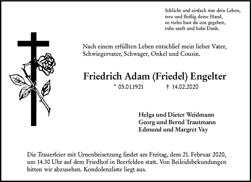  Traueranzeige für Friedrich Adam  Engelter vom 19.02.2020 aus vrm-trauer