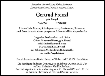 Traueranzeige von Gertrud Frenzl von vrm-trauer