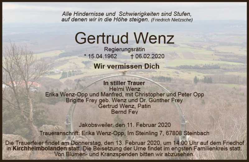  Traueranzeige für Gertrud Wenz vom 11.02.2020 aus vrm-trauer