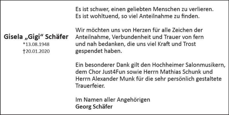  Traueranzeige für Gisela Schäfer vom 07.02.2020 aus vrm-trauer