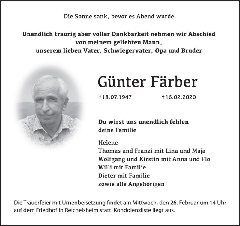  Traueranzeige für Günter Färber vom 22.02.2020 aus vrm-trauer