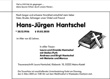 Traueranzeige von Hans-Jürgen Hantschel von vrm-trauer
