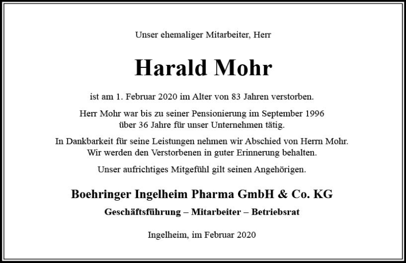  Traueranzeige für Harald Mohr vom 08.02.2020 aus vrm-trauer