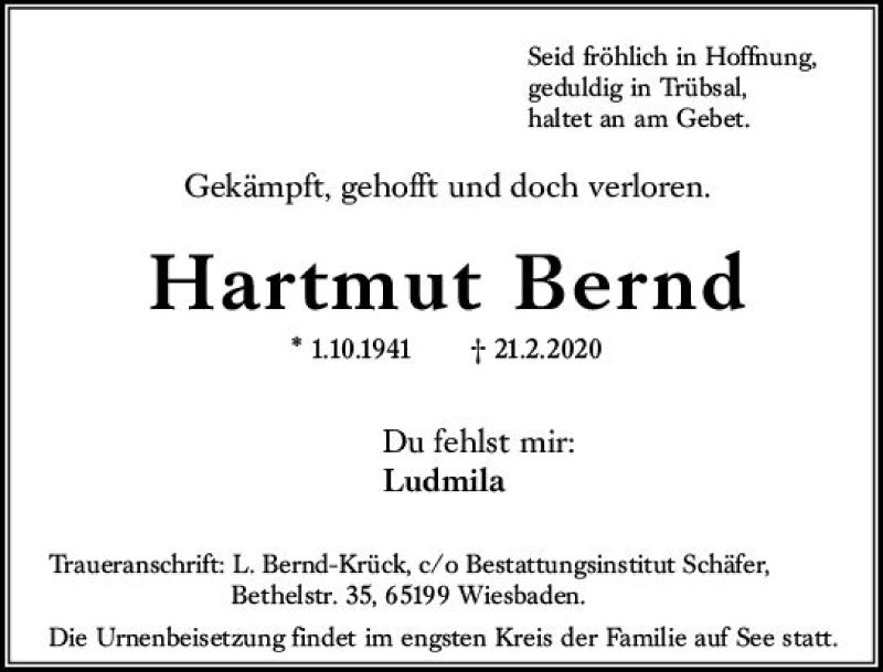  Traueranzeige für Hartmut Bernd vom 29.02.2020 aus vrm-trauer