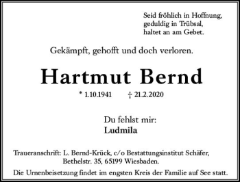 Traueranzeige von Hartmut Bernd von vrm-trauer