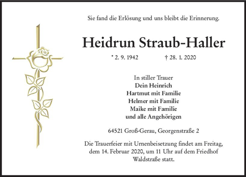  Traueranzeige für Heidrun Straub-Haller vom 08.02.2020 aus vrm-trauer