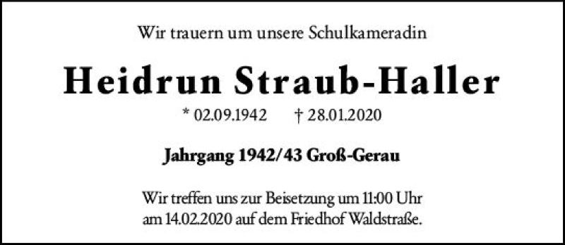  Traueranzeige für Heidrun Straub-Haller vom 08.02.2020 aus vrm-trauer