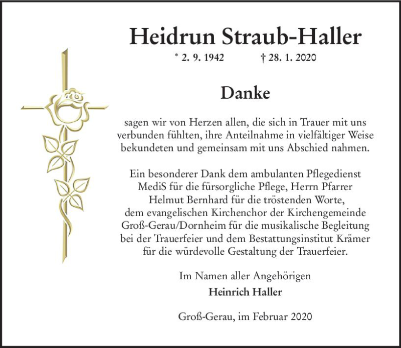  Traueranzeige für Heidrun Straub-Haller vom 22.02.2020 aus vrm-trauer