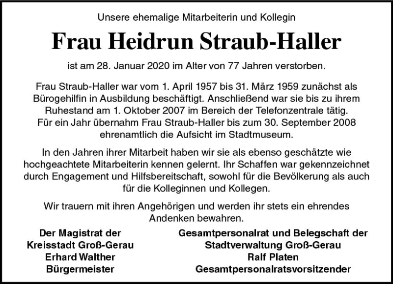  Traueranzeige für Heidrun Straub-Haller vom 08.02.2020 aus vrm-trauer
