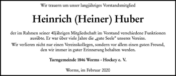 Traueranzeige von Heinrich Heiner Huber von vrm-trauer