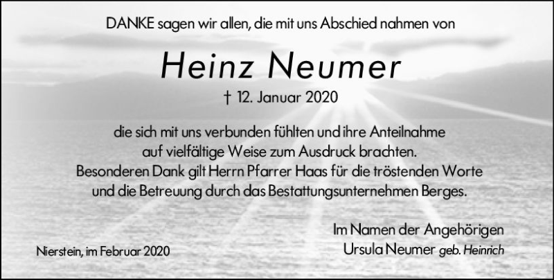 Traueranzeige für Heinz Neumer vom 06.02.2020 aus vrm-trauer