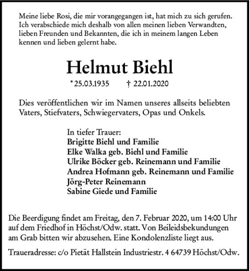  Traueranzeige für Helmut Biehl vom 04.02.2020 aus vrm-trauer