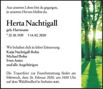 Traueranzeige von Herta Nachtigall von vrm-trauer