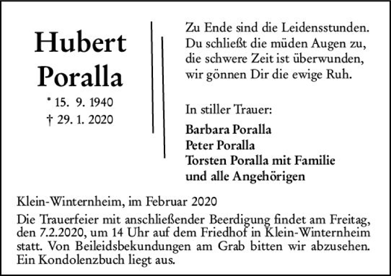  Traueranzeige für Hubert Poralla vom 04.02.2020 aus vrm-trauer