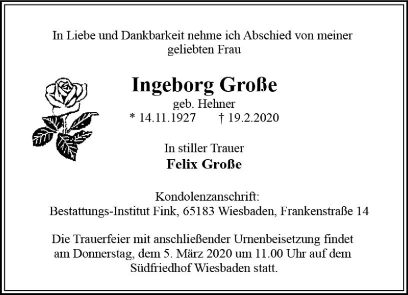  Traueranzeige für Ingeborg Große vom 22.02.2020 aus vrm-trauer
