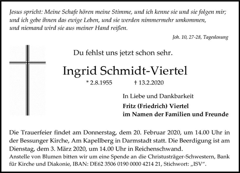  Traueranzeige für Ingrid Schmidt-Viertel vom 18.02.2020 aus vrm-trauer
