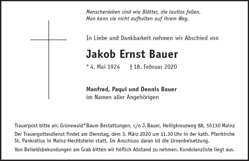  Traueranzeige für Jakob Ernst Bauer vom 29.02.2020 aus vrm-trauer
