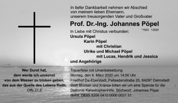 Traueranzeige von Johannes Pöpel von vrm-trauer