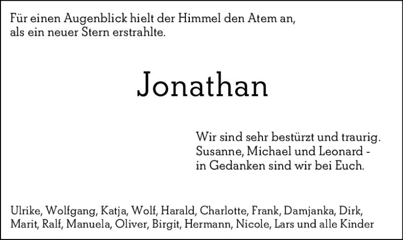 Traueranzeige für Jonathan  vom 29.02.2020 aus vrm-trauer