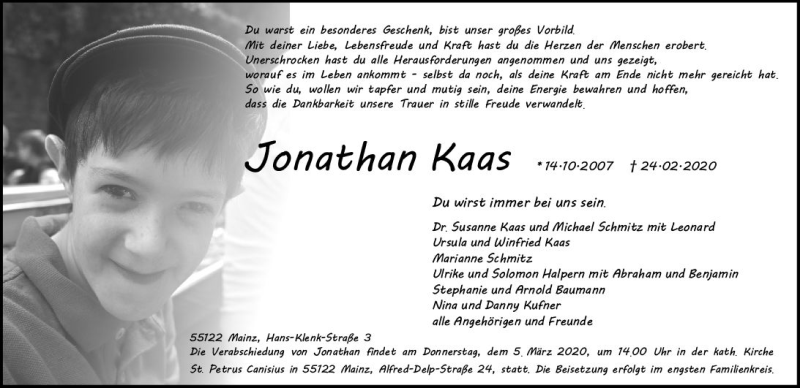  Traueranzeige für Jonathan Kaas vom 29.02.2020 aus vrm-trauer
