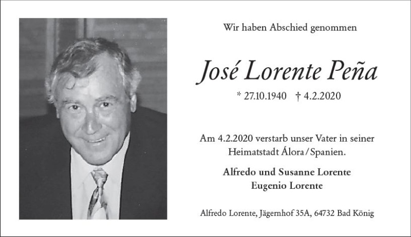  Traueranzeige für Jose Lorente Pena vom 22.02.2020 aus vrm-trauer