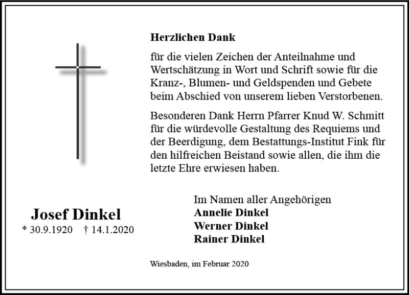  Traueranzeige für Josef Dinkel vom 08.02.2020 aus vrm-trauer