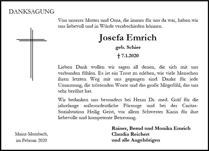  Traueranzeige für Josefa Emrich vom 08.02.2020 aus vrm-trauer