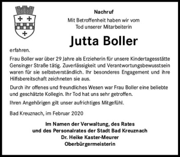 Traueranzeige von Jutta Boiler von vrm-trauer