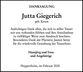 Traueranzeige von Jutta Giegerich von vrm-trauer