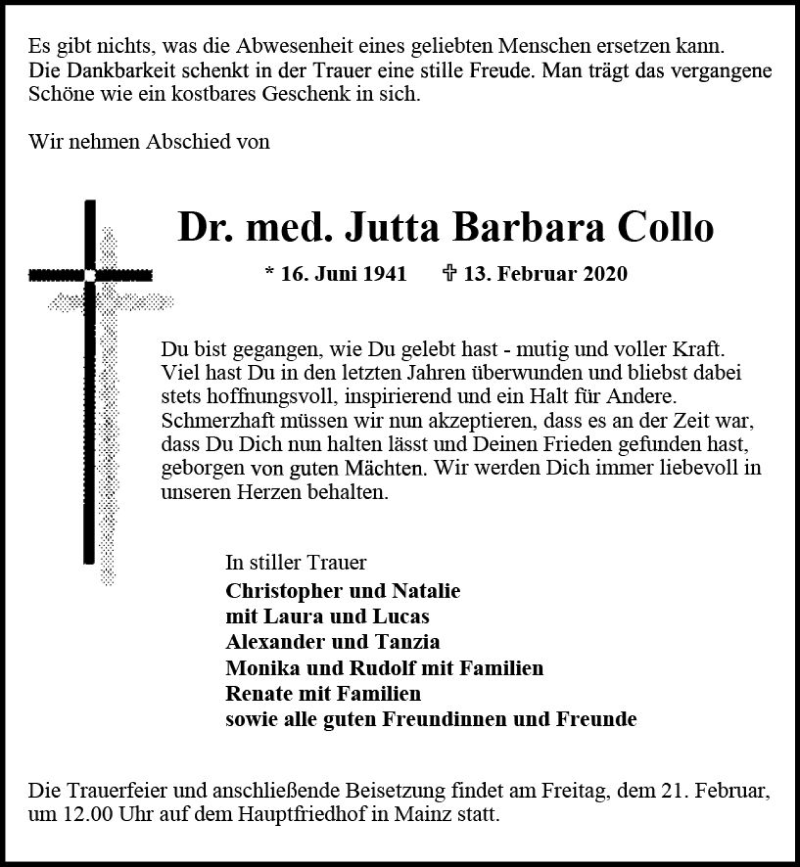  Traueranzeige für Jutta Barbara Collo vom 18.02.2020 aus vrm-trauer