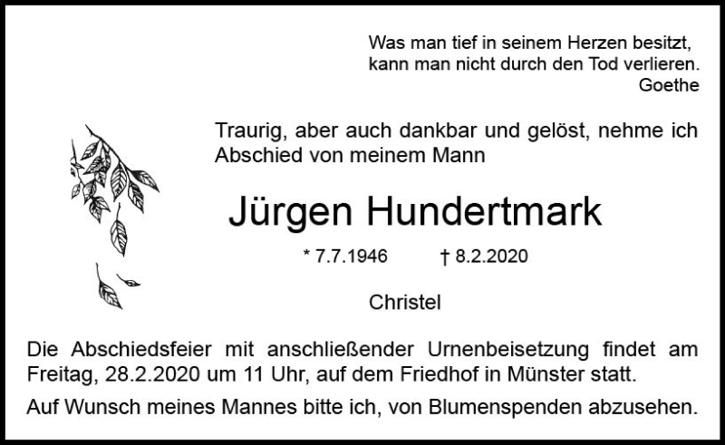  Traueranzeige für Jürgen Hundertmark vom 15.02.2020 aus vrm-trauer