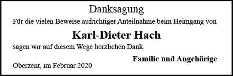  Traueranzeige für Karl-Dieter Hach vom 15.02.2020 aus vrm-trauer