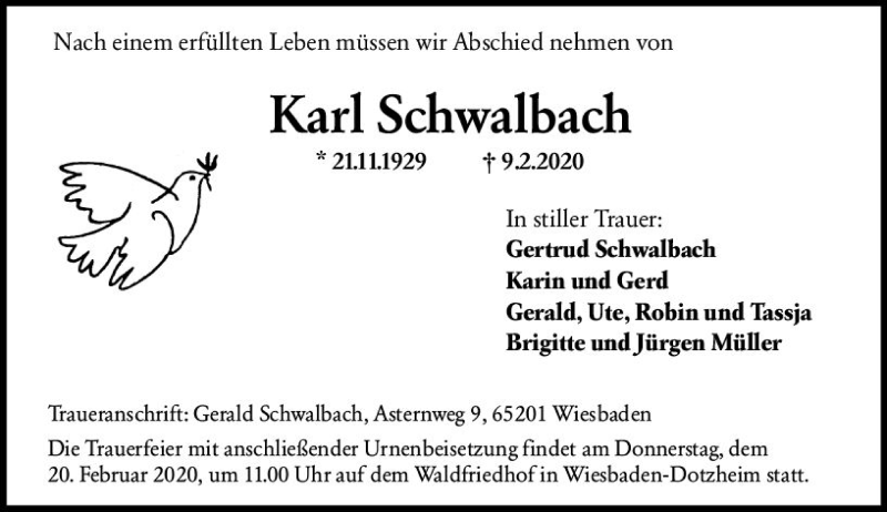  Traueranzeige für Karl Schwalbach vom 15.02.2020 aus vrm-trauer