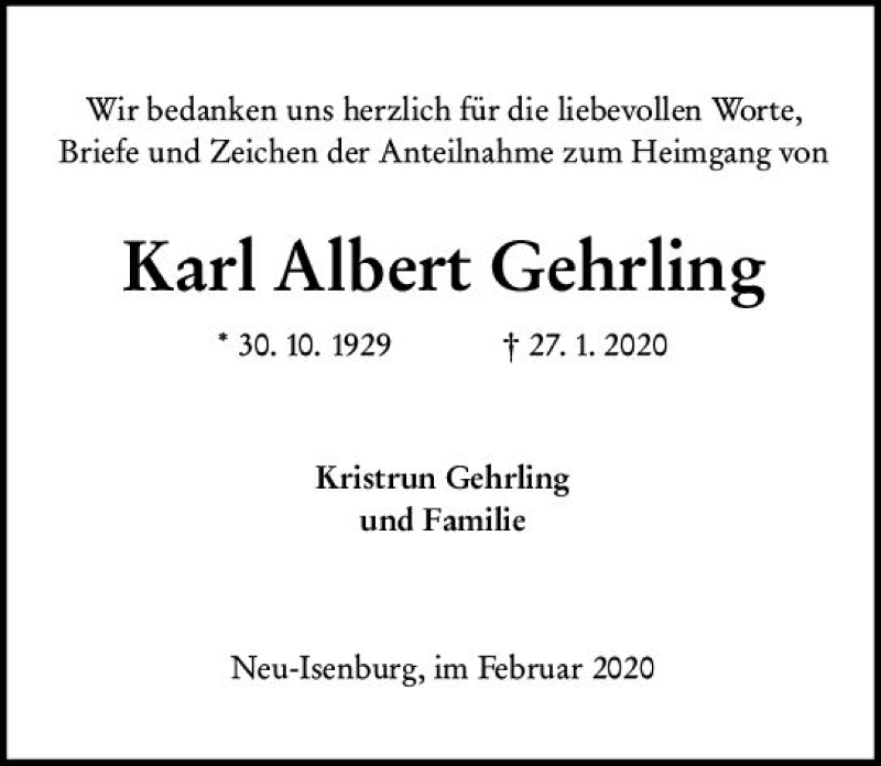  Traueranzeige für Karl Albert Gehrling vom 15.02.2020 aus vrm-trauer