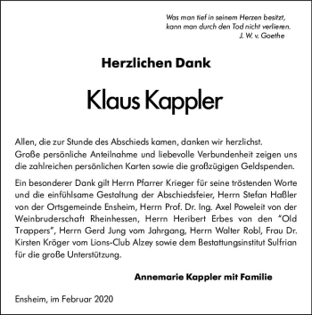 Traueranzeige von Klaus Kappler von vrm-trauer