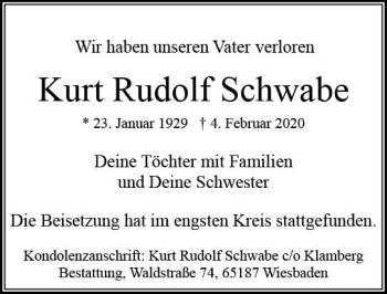 Traueranzeige von Kurt Rudolf Schwabe von vrm-trauer
