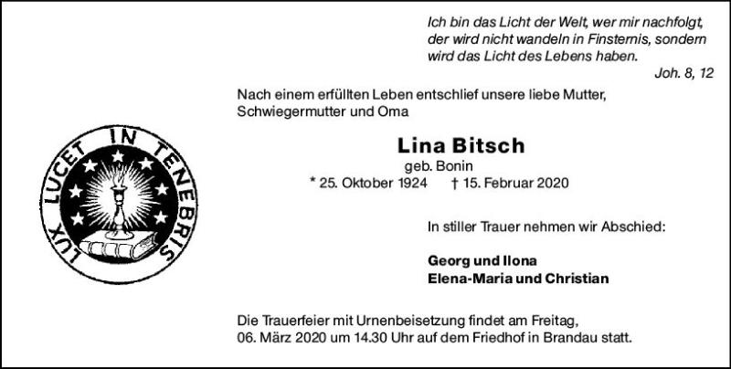  Traueranzeige für Lina Bitsch vom 29.02.2020 aus vrm-trauer