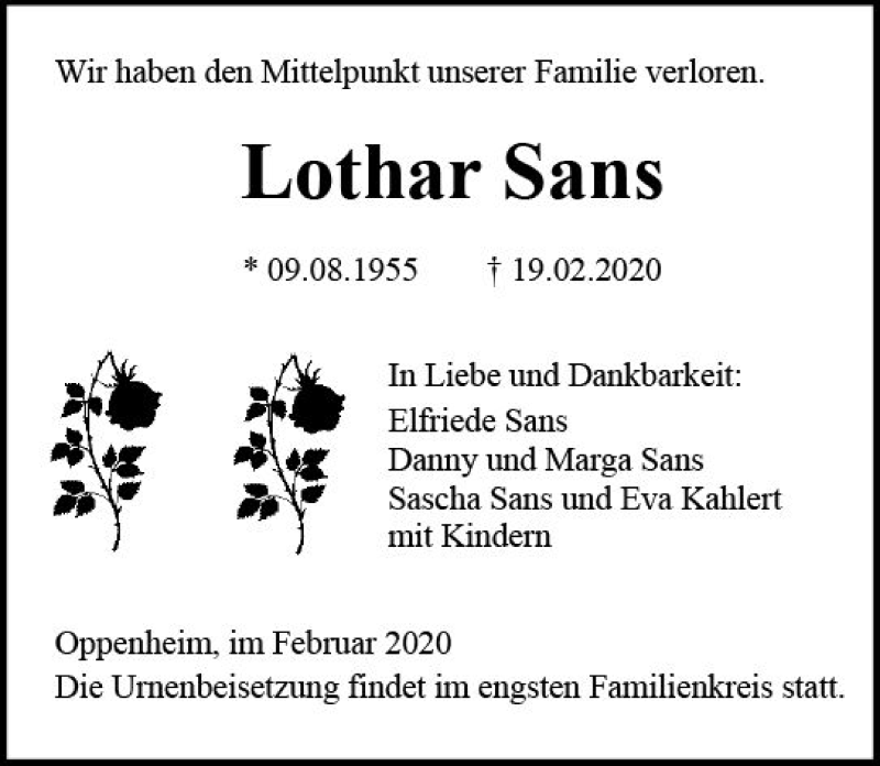  Traueranzeige für Lothar Sans vom 22.02.2020 aus vrm-trauer