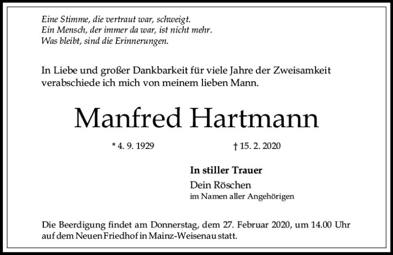  Traueranzeige für Manfred Hartmann vom 22.02.2020 aus vrm-trauer