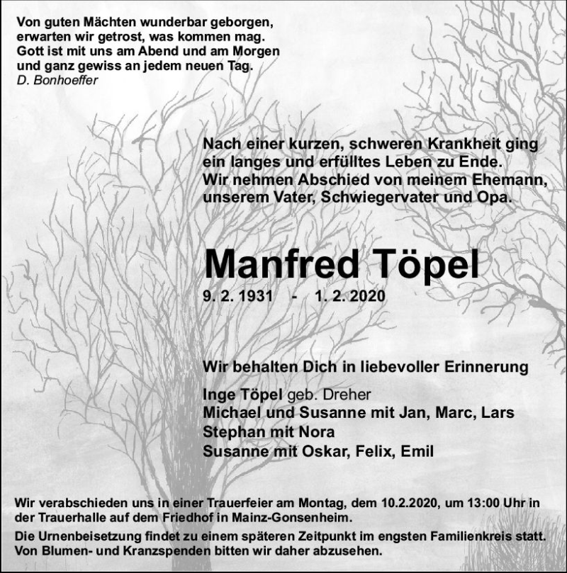  Traueranzeige für Manfred Töpel vom 08.02.2020 aus vrm-trauer