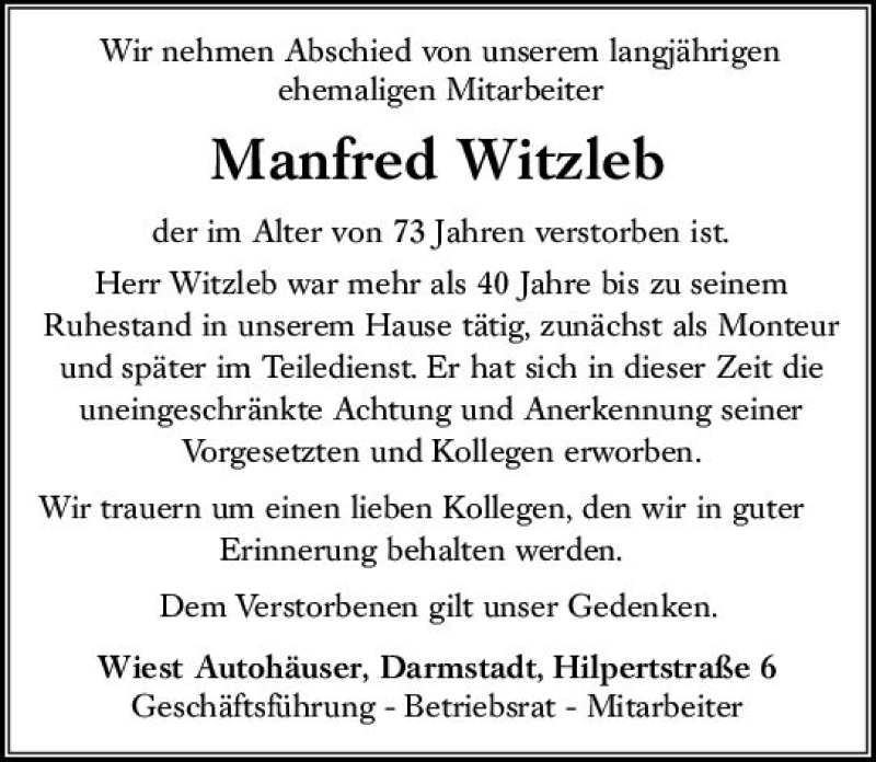  Traueranzeige für Manfred Witzleb vom 26.02.2020 aus vrm-trauer
