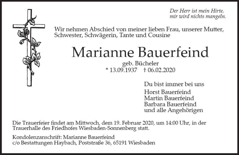  Traueranzeige für Marianne Bauerfeind vom 08.02.2020 aus vrm-trauer