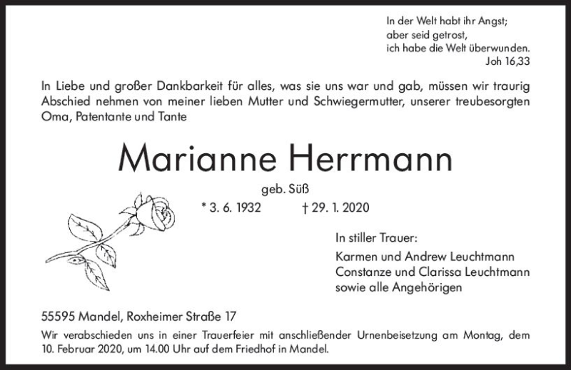 Traueranzeige für Marianne Herrmann vom 06.02.2020 aus vrm-trauer