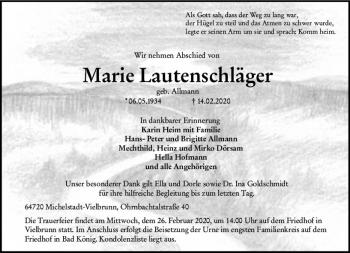 Traueranzeige von Marie Lautenschläger von vrm-trauer